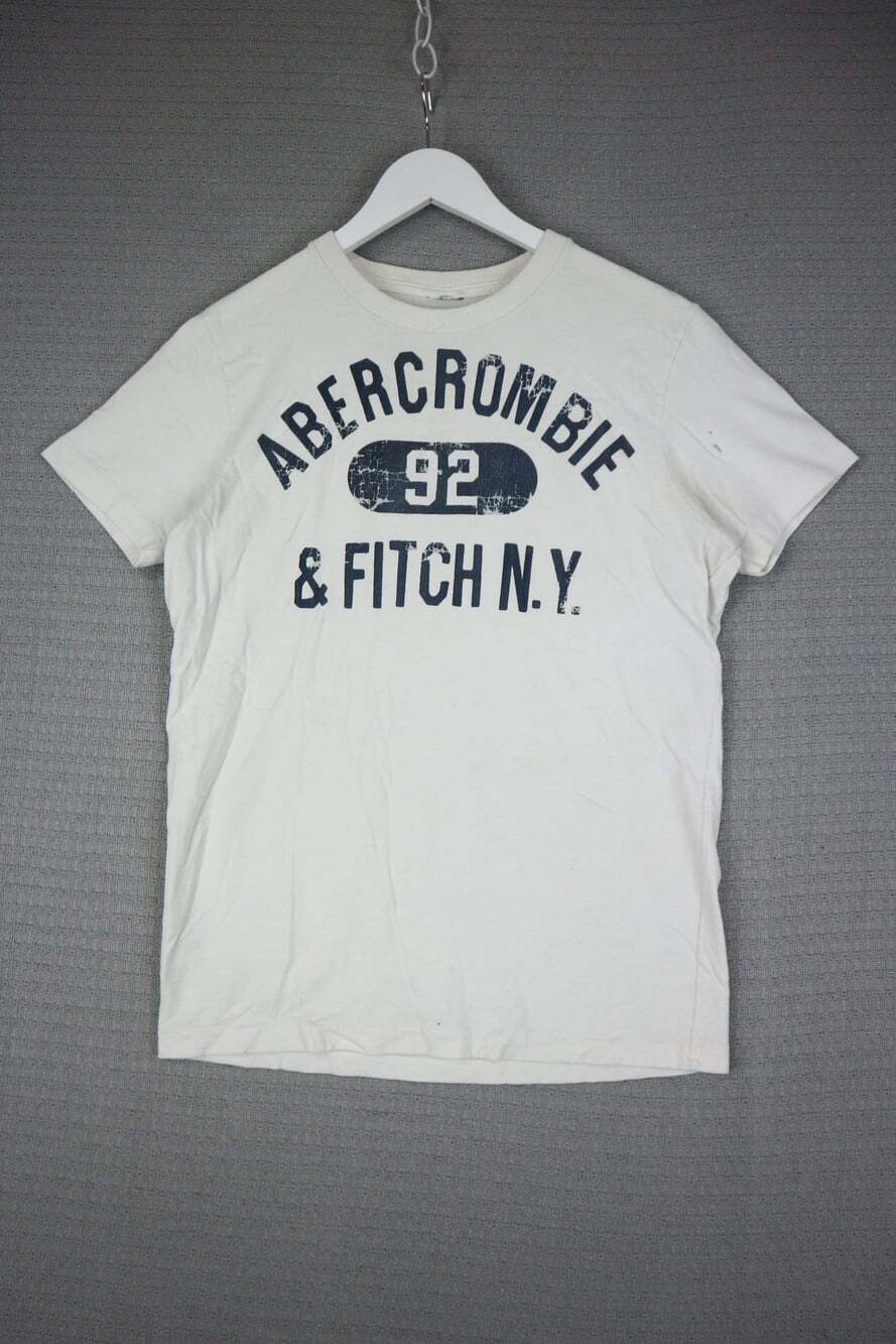 Abercrombie & Fitch Spell Out Logo Tee Mens White distressed